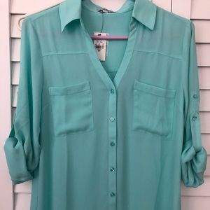 Express Mint Green Button-Front Sheer Blouse